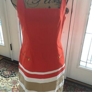 Like New Lauren dress in orange, white and khaki. 
Size 2. 
Gold embellishment.